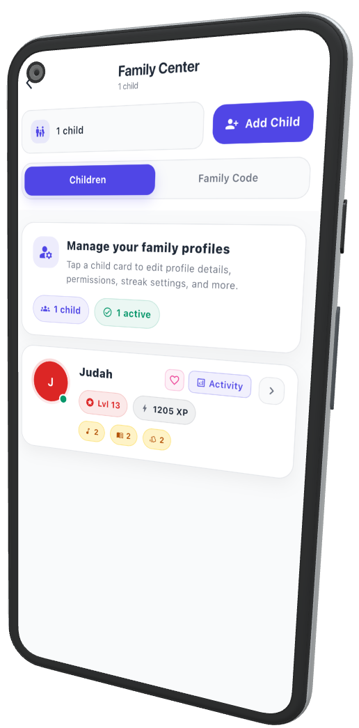 Phone showing the WordSong Family Center with child profiles, family code, and a profile card for Judah
