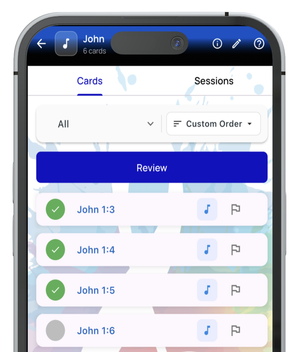iPhone showing a WordSong flashcard stack for the book of John with John 1:3, 1:4, 1:5, and 1:6 cards and a Review button