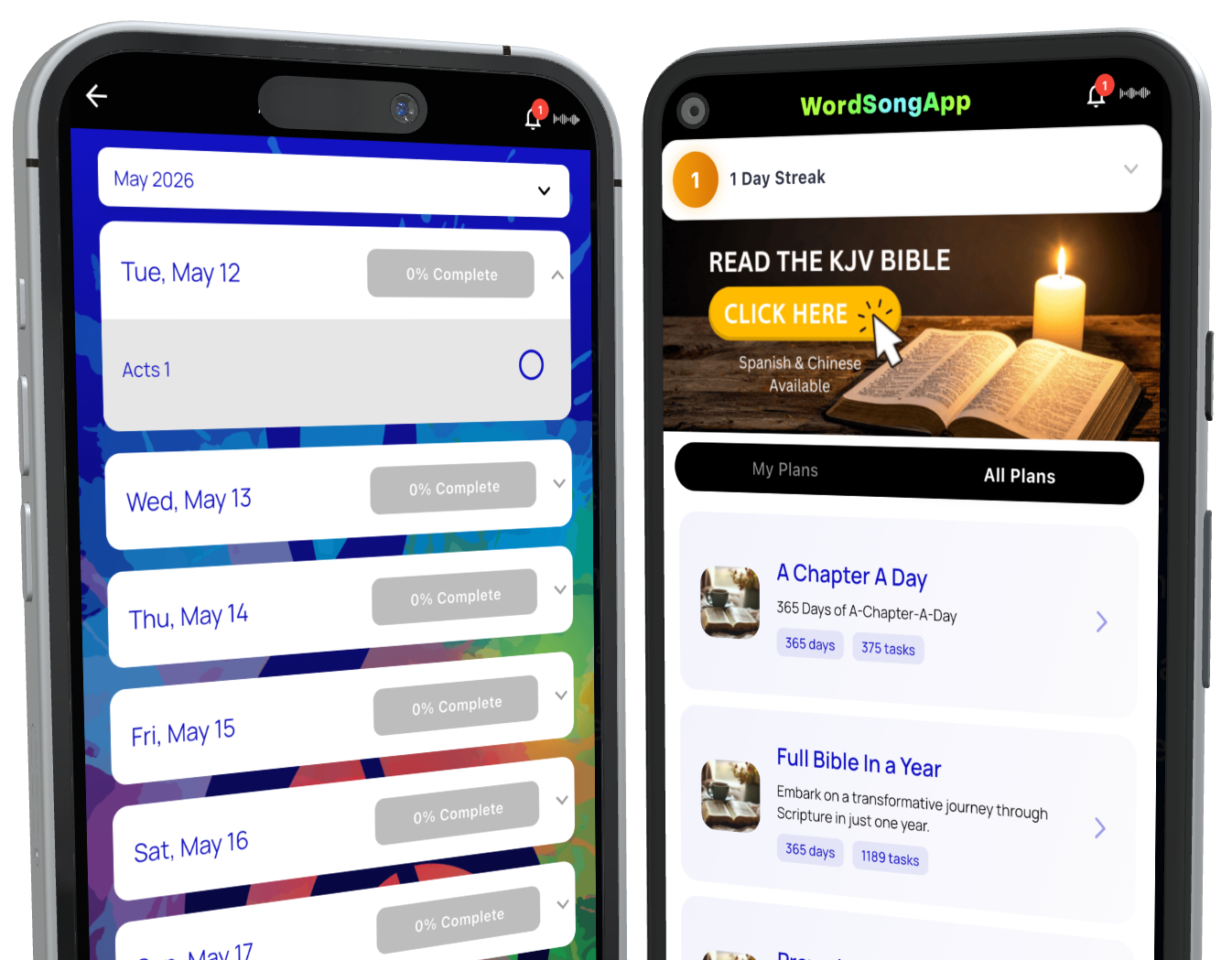 Two iPhones showing the WordSong streak calendar and reading-plan picker with the KJV Bible call-out
