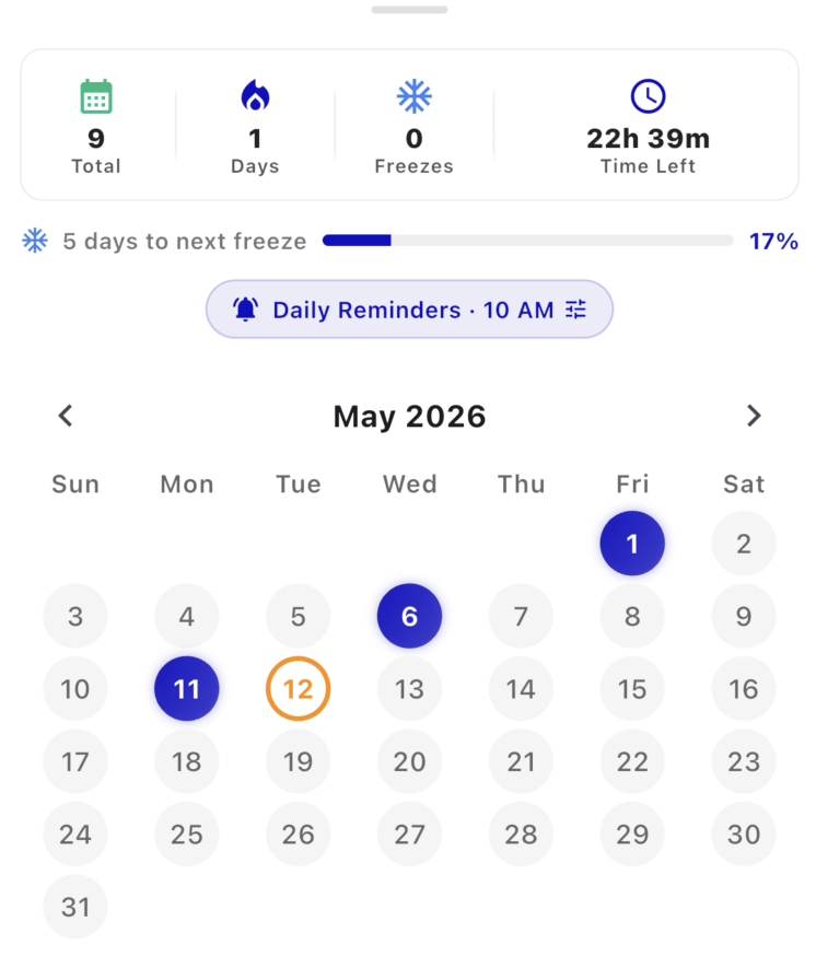 WordSong streak overview with daily-reminder pill and May 2026 calendar