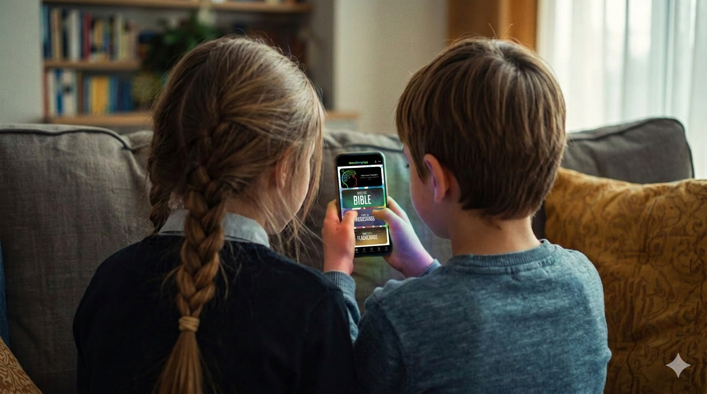 Two children using WordSong together on a couch